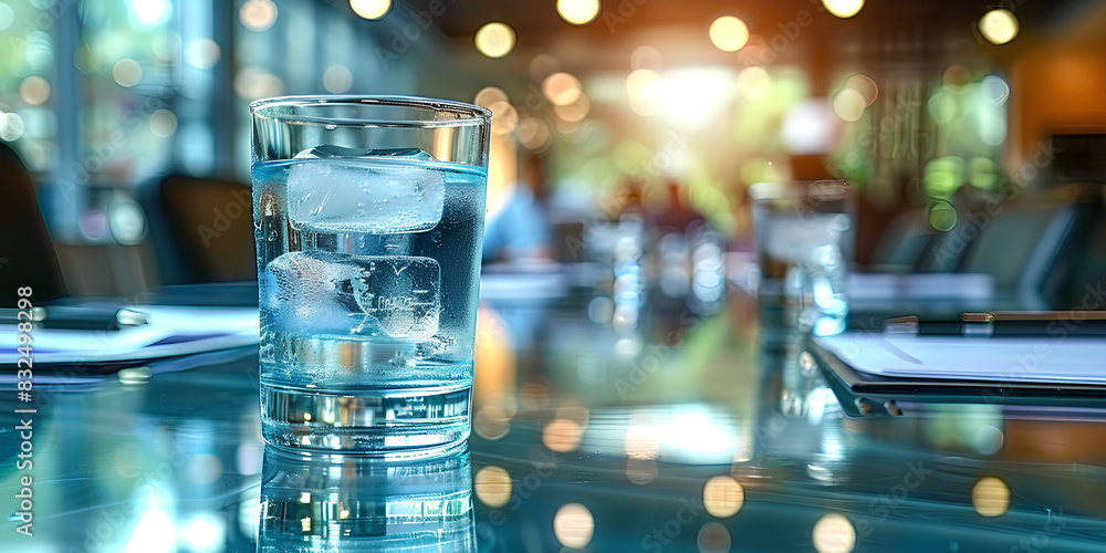 Glass of Water on Reflective Table with Meeting in Background Glass of Water on Reflective Table with Meeting in Background