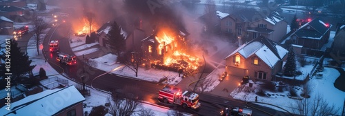 House fire, with fire trucks and emergency responders at the scene photo