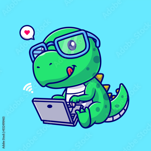 Cute Dino Working On Laptop Cartoon Vector Icon 
Illustration. Animal Technology Icon Concept Isolated
Premium Vector. Flat Cartoon Style