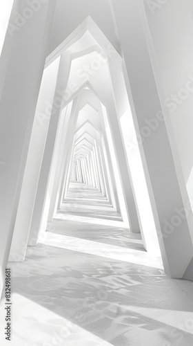 Minimalistic white tunnel with angular geometric shapes leading into the distance, filled with soft light