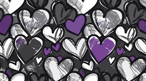 Seamless pattern of hand-drawn Asexual Pride flags and hearts, creating a supportive design with black, gray, white, and purple colors