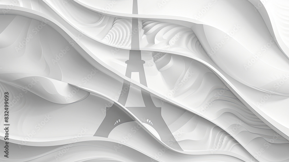 Obraz premium Eiffel Tower with abstract wave pattern background in white and gray shades