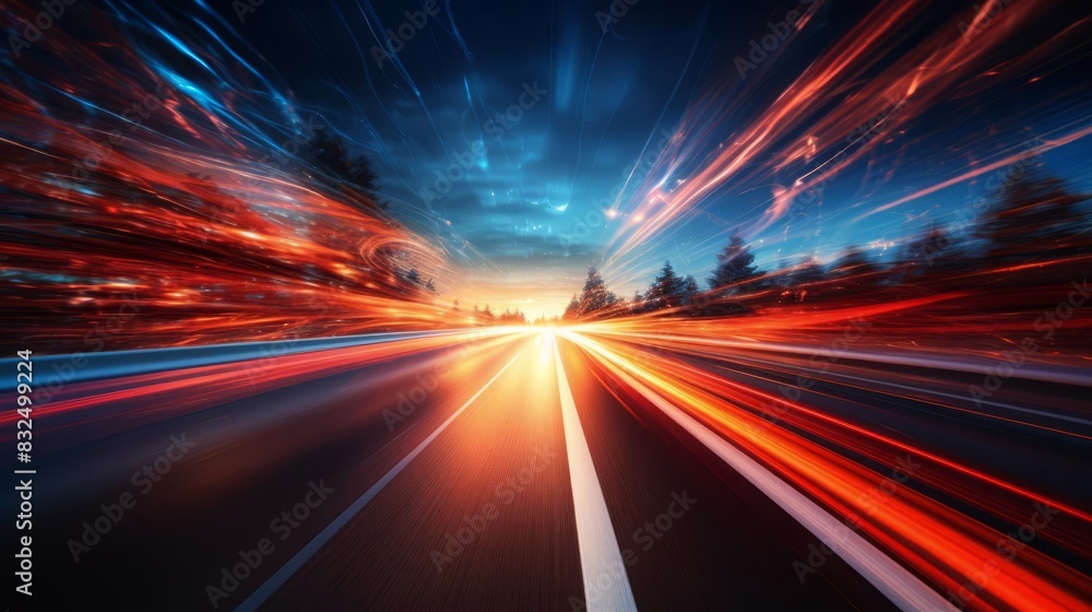 Obraz premium Speeding tail lights creating light trails on a highway focus on fast motion, ethereal, double exposure, nighttime backdrop