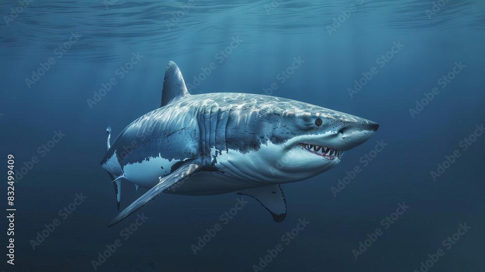 Fototapeta premium majestic great white shark powerful underwater predator deep blue ocean realistic 3d rendering