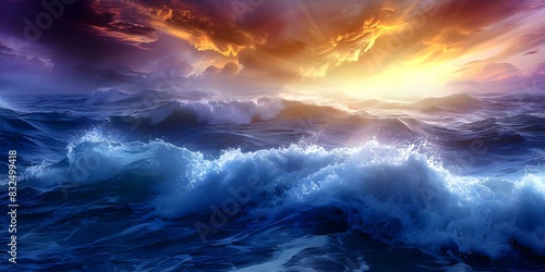 Golden Light Dancing on a Tempestuous Sea. Concept Sunset Beach, Stormy Ocean, Dramatic Sky, Nature's Beauty, Golden Hour