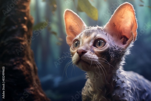 Portrait of a cute devon rex cat isolated in backdrop of a mystical forest