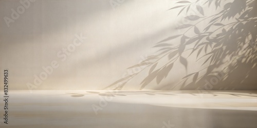 Off-White Wall Leaf Shadows: A neutral off-white wall and floor with subtle leaf shadows, suitable for minimalist and versatile product displays.
