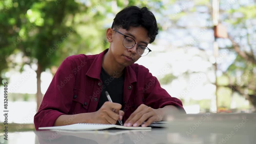 Asian college student writing at campus outdoor park. Man writing on a note book an studying. Educational concept Asian college student writing at campus outdoor park. Man writing on a note book an studying. Educational concept