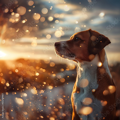 dog in winter with a sunrise and nice shot photo