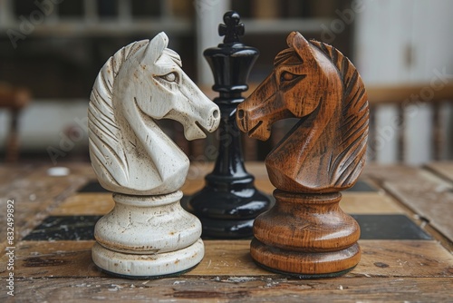 Two vintage wooden chess knights face each other on a rustic board, evoking a sense of strategy and history
