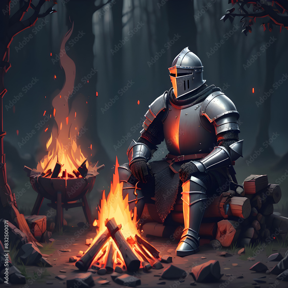 Naklejka premium A medieval knight in full armor, wielding a sword and shield, ready for battle