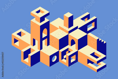 Isometric flat vector illustration with modular blocks and architectural elements. Abstract architecture design. Urban composition.