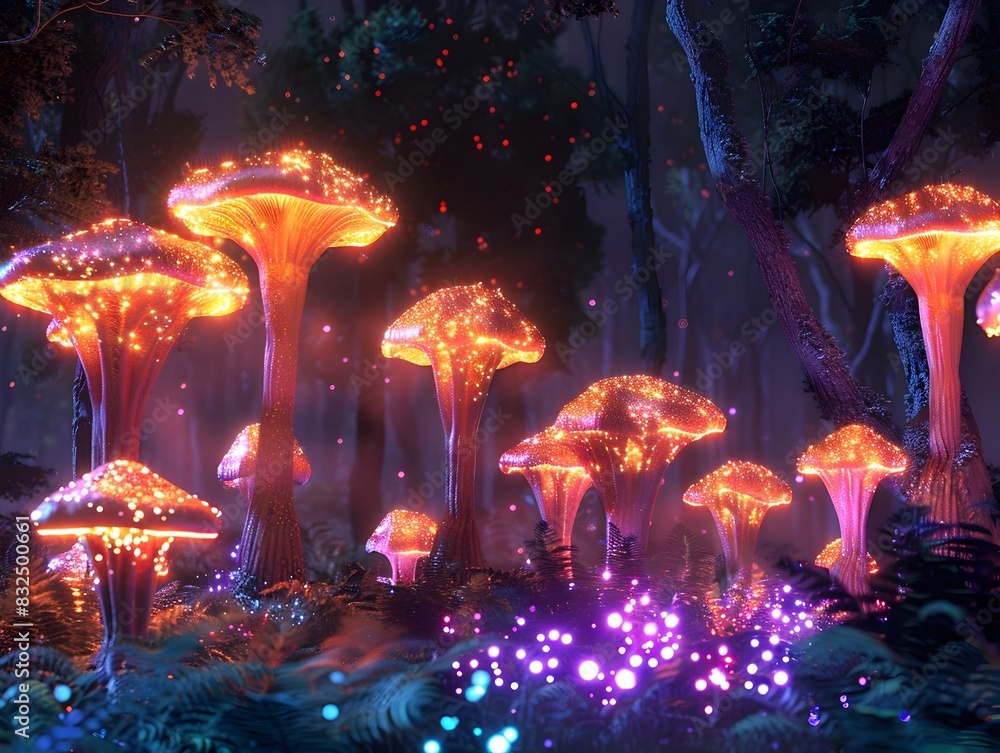 Glowing Bioluminescent Mushrooms in Enchanted Fairytale Forest Landscape at Night