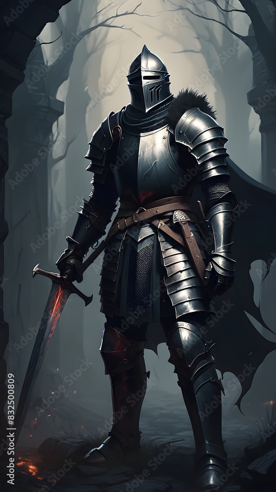 A medieval knight in full armor, wielding a sword and shield, ready for battle A medieval knight in full armor, wielding a sword and shield, ready for battle