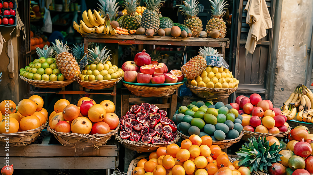 A top view of a rustic market stall overflowing with a variety of fruits such as pineapples, pomegranates, and papayas