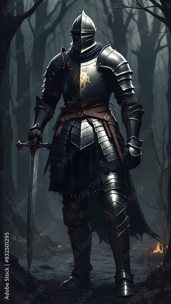 A medieval knight in full armor, wielding a sword and shield, ready for battle