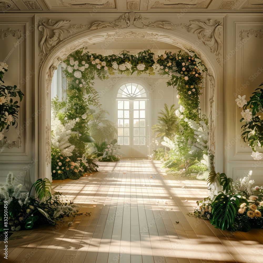 A long hallway with a white archway and a window A long hallway with a white archway and a window