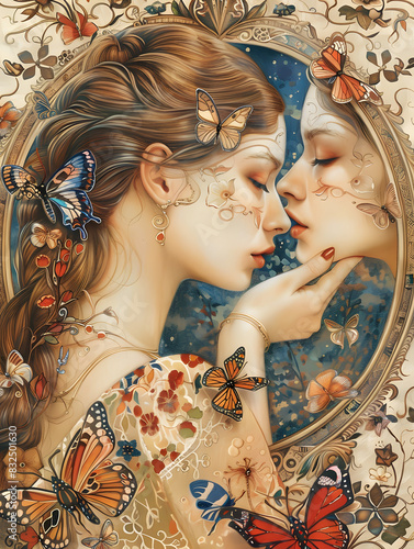 Art Deco: Woman's Confident Reflection Amid Fluttering Butterflies, Inspired by Romantic Era Landscapes