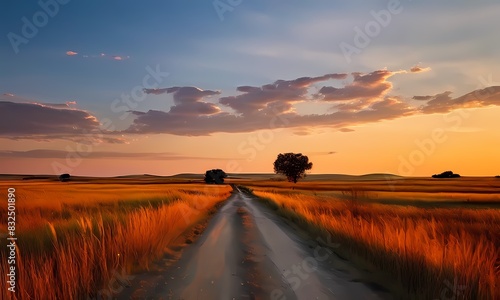 Gravel road meandering through a prairie landscape fading sunlight casting long shadows warm hues  Ai Generated