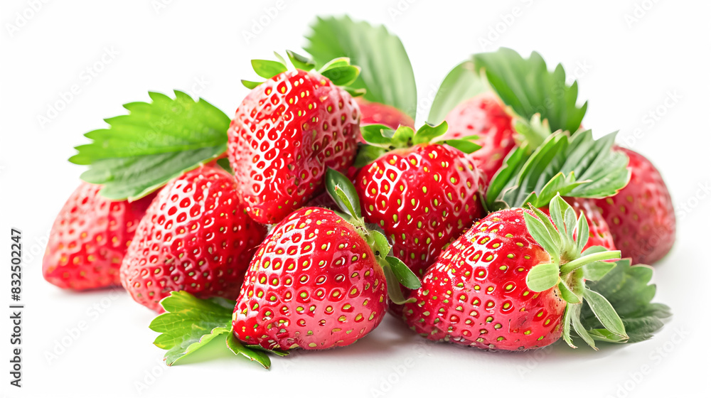 A cluster of fresh, juicy strawberries with green leaves, isolated on a white background A cluster of fresh, juicy strawberries with green leaves, isolated on a white background