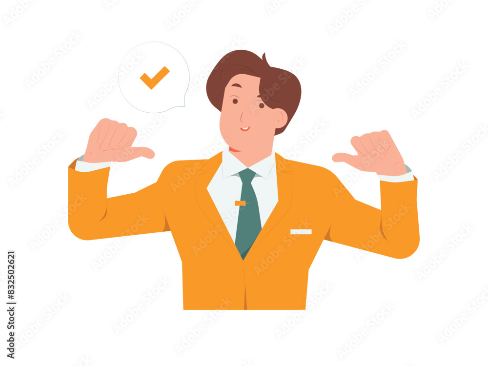 Confident businessman pointing himself with both hands, expressing positive sense of self assurance, high self esteem concept illustration Confident businessman pointing himself with both hands, expressing positive sense of self assurance, high self esteem concept illustration