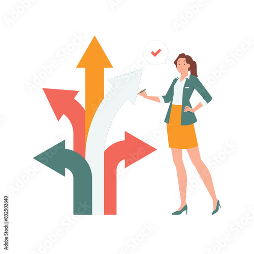 Change direction or career path for best opportunity, turn transform to different choice alternative way to progress, businesswoman draw new arrow metaphor concept illustration