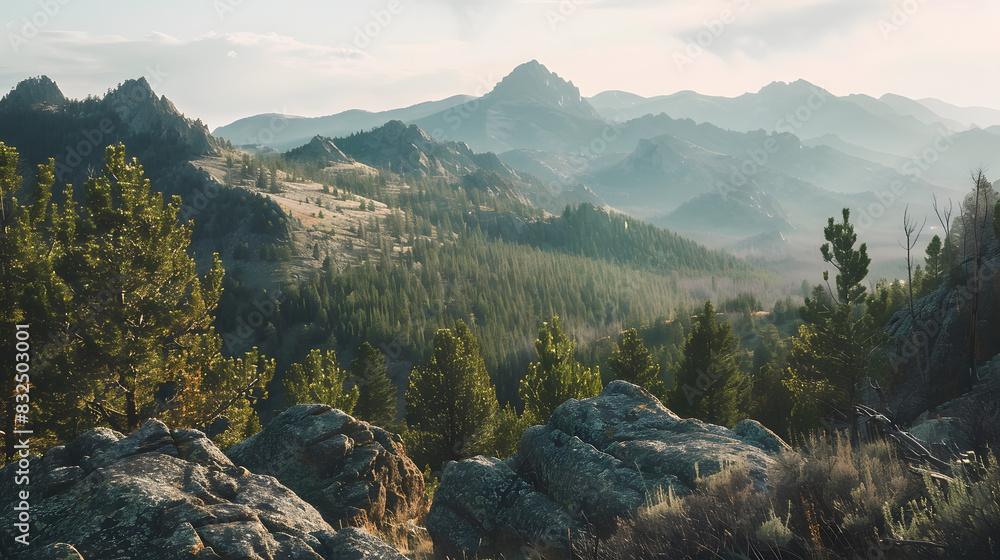 Obraz premium Foggy Morning Mountain Landscape in the Alps with Snow-Capped Peaks and Lush Green Valleys