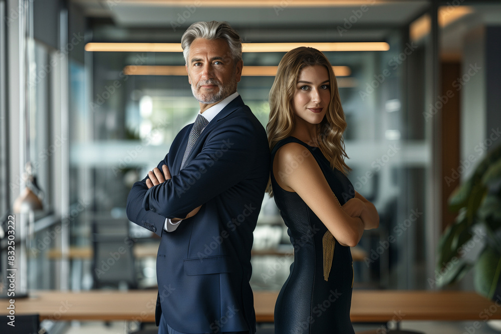 Corporate photography of two business professionals standing back-to-back in a modern office, confident expressions, professional attire Corporate photography of two business professionals standing back-to-back in a modern office, confident expressions, professional attire