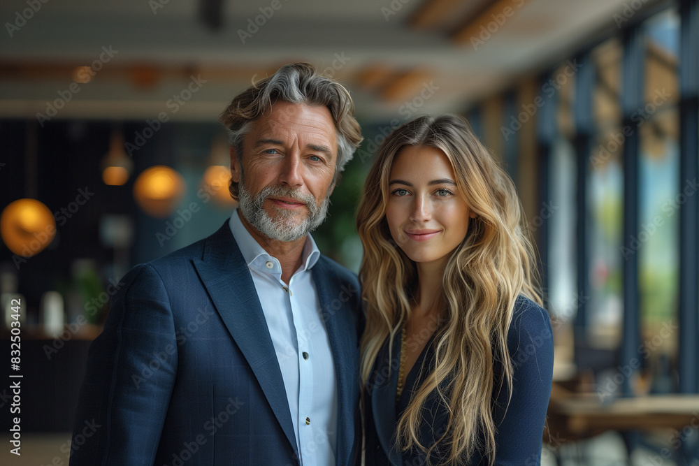 Senior executive man and young woman, formal attire, smiling, professional office setting, confident expressions, business partnership Senior executive man and young woman, formal attire, smiling, professional office setting, confident expressions, business partnership