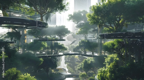 Majestic Futuristic Jungle Cityscape with Cascading Waterfalls and Misty Bridges