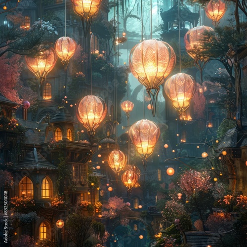 A cityscape with many lanterns hanging from the sky