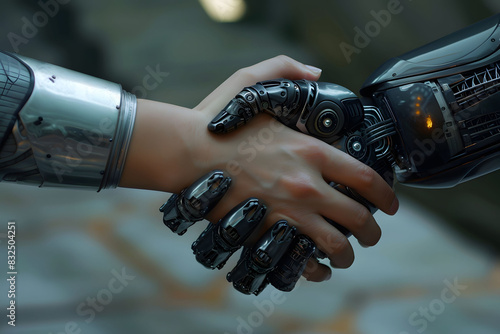 Robotic hand and a human hand connecting. Robotics and human-machine interaction. Technology background.