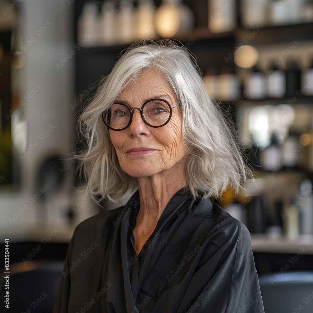 senior woman getting a haircut in a modern hair salon senior woman getting a haircut in a modern hair salon