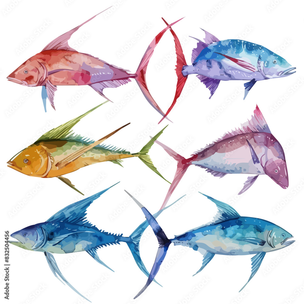 Watercolor drawing vector of sword fish set, isolated on a white background, clipart image, Illustration painting, design art, sword fish vector, Graphic logo, drawing clipart. 