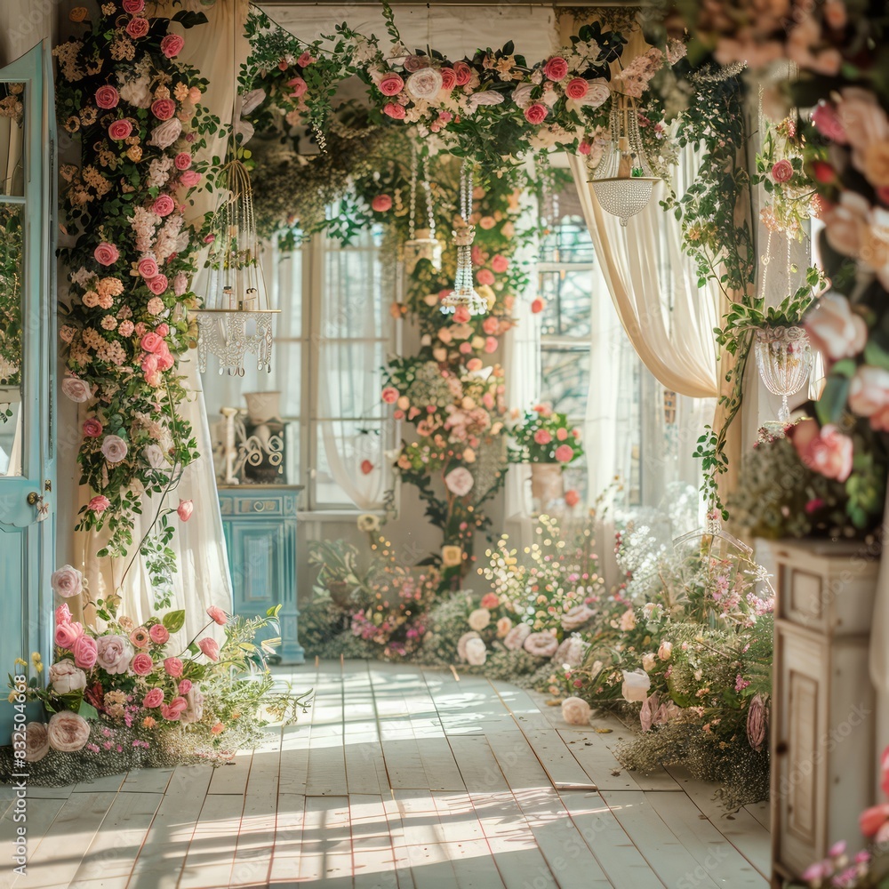 A room with a white door and a pink archway