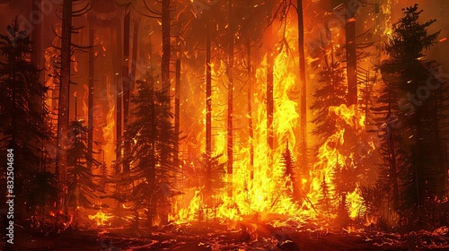 raging forest inferno with towering flames engulfing trees digital painting