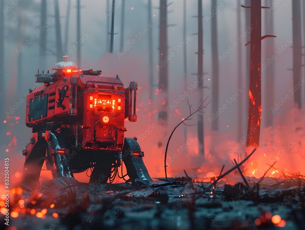 Red firefighting truck racing through a burning forest to respond to an emergency disaster Red firefighting truck racing through a burning forest to respond to an emergency disaster