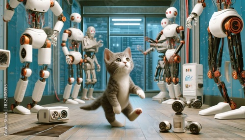 Kitten Activates AI Robots in High-Tech Lab photo