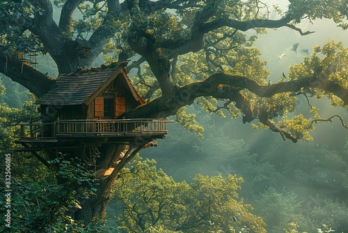 Discover a whimsical treehouse hidden among the foliage of a leafy tree, featuring a rope ladder dangling down from the wooden platform. This enchanting retreat, with its simple design