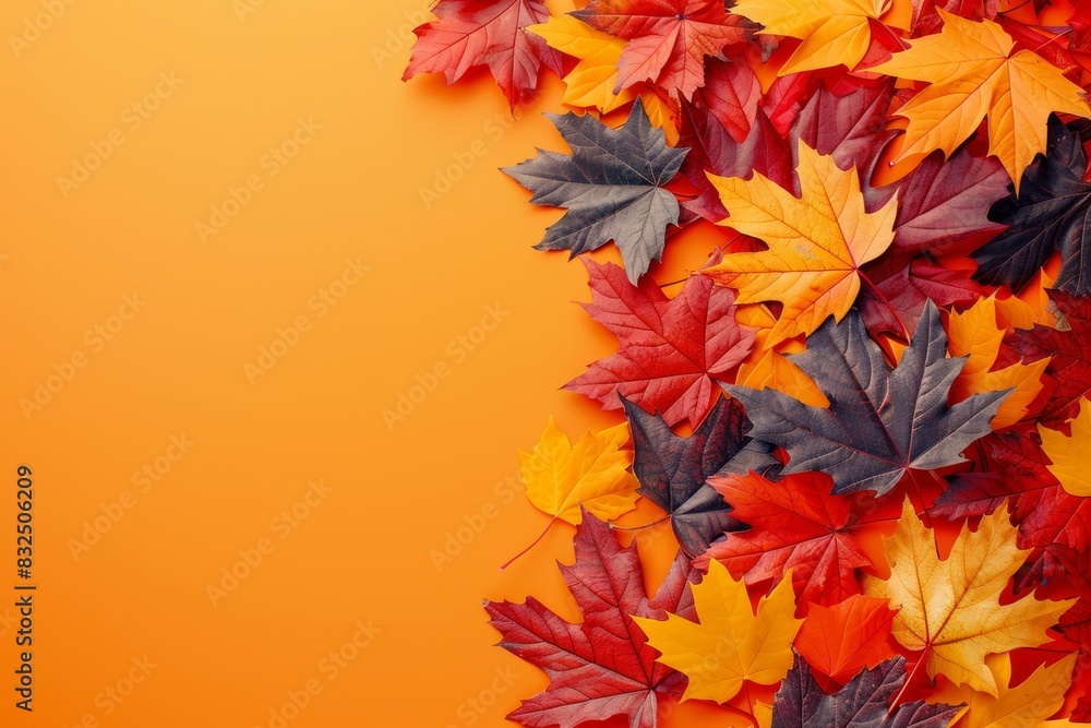 Autumn leaves on orange background, top view with space for text, perfect for seasonal messages