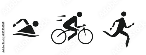 Vector icons, representing the triathlon sports of swimming, running and cycling on a white background