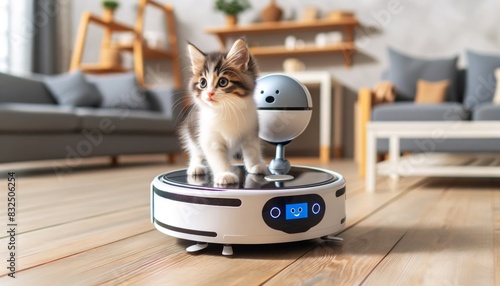 Kitten Befriends House-Cleaning AI Robot photo