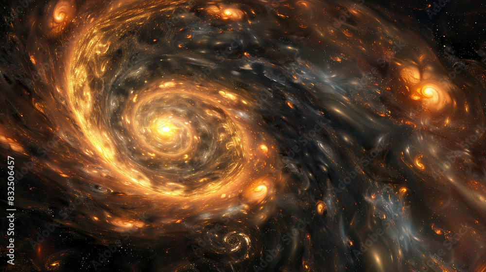 Obraz premium A cosmic landscape where spinning galaxies create a mesmerizing image. Colorful clouds of space dust and stars create swirling patterns