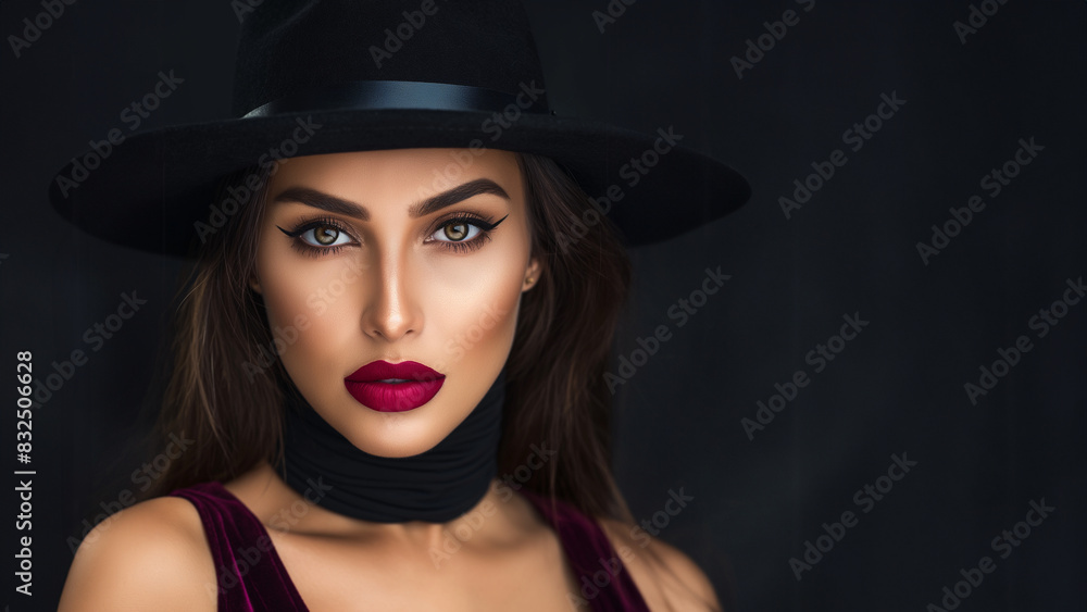 Hübsches Vogue Frauen Gesicht mit Hut als Nahaufnahme für Poster Hübsches Vogue Frauen Gesicht mit Hut als Nahaufnahme für Poster