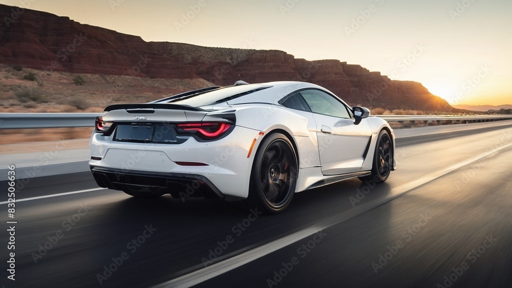 AI illustration of high luxury, speed and modern design white sports car on a highway