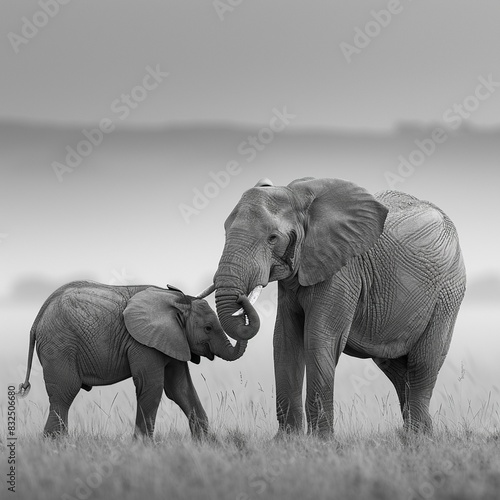 black and white photograph 2 full body African elephants Interacting, a mother with baby elephant,side view, African landscape,Nikon D850, 300mm f28 lens, ISO 800, photo