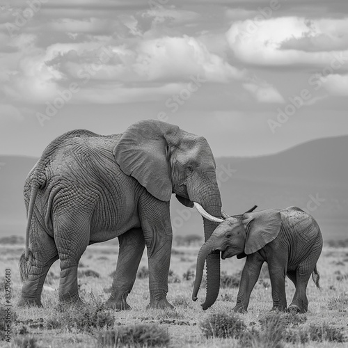 black and white photograph 2 full body African elephants Interacting, a mother with baby elephant,side view, African landscape,Nikon D850, 300mm f28 lens, ISO 800, photo