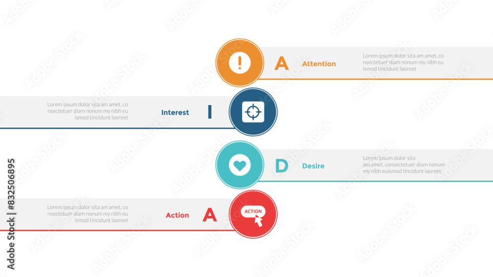 AIDA marketing funnel infographics template diagram with circle badge and rectangle box with 4 point step design for slide presentation AIDA marketing funnel infographics template diagram with circle badge and rectangle box with 4 point step design for slide presentation