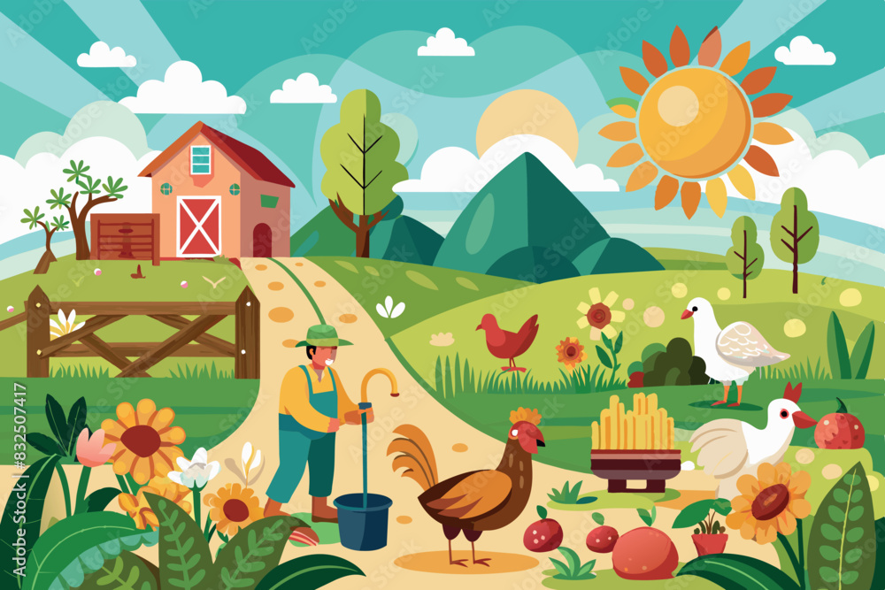 colorful rural farm. You can see green hills and mountains in the background, and a red barn with white trim and a windmill on the roof. colorful rural farm. You can see green hills and mountains in the background, and a red barn with white trim and a windmill on the roof.