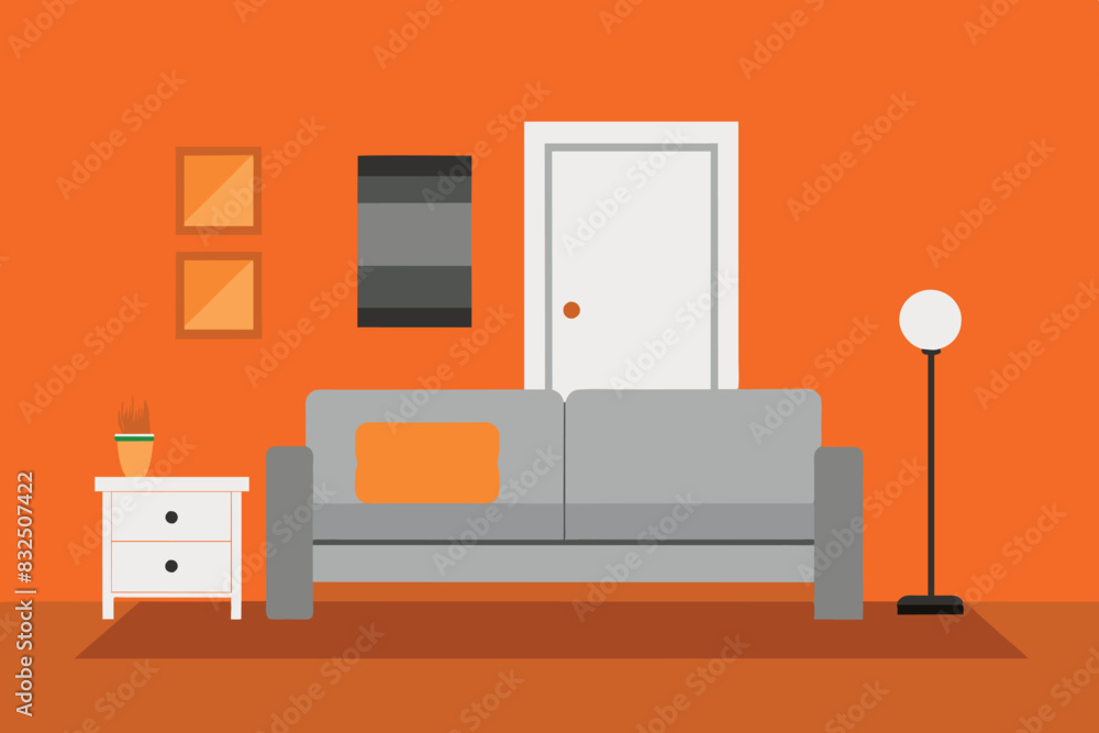 bright and cozy living room. The walls in the room are painted orange and the large window is decorated with yellow curtains. On a gray sofa with yellow cushions is a small round coffee table with an bright and cozy living room. The walls in the room are painted orange and the large window is decorated with yellow curtains. On a gray sofa with yellow cushions is a small round coffee table with an